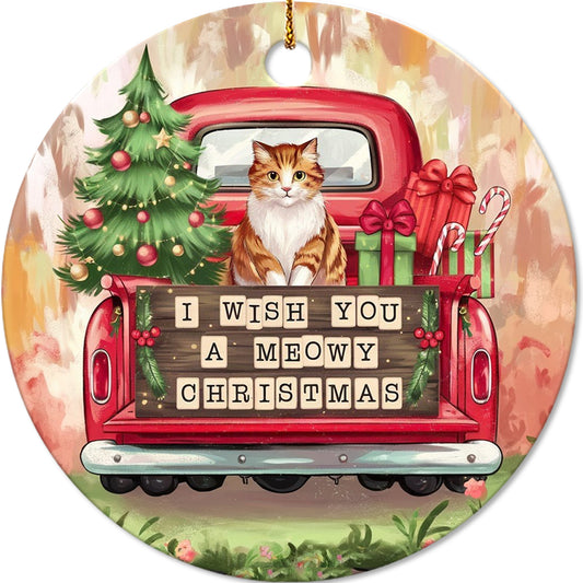 Netecom Cute Cat in Holiday Truck Ornament, I Wish You a Meowy Christmas Ceramic Ornament for Christmas Tree Hanging Decorations Gift, Kitten Lover Gifts, Holiday Party Present