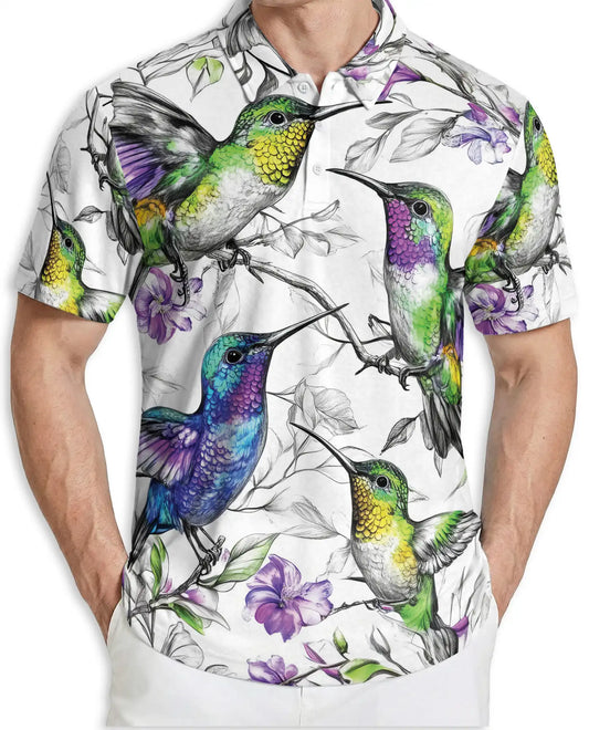 Colorful Hummingbird Floral 3D Polo Shirt for Men – Tropical Bird Nature Style | Netecom
