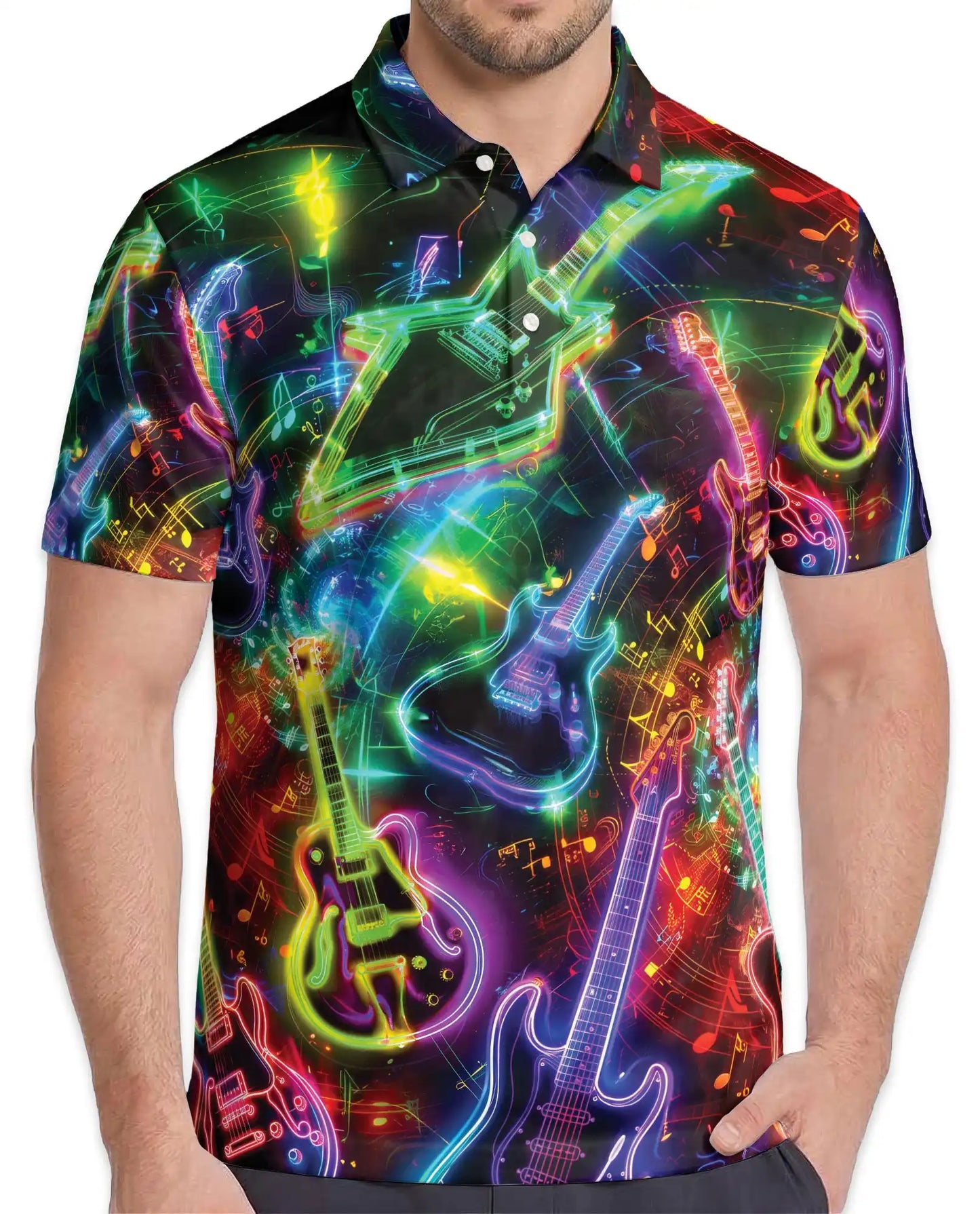Neon Electric Guitar Rock Polo Shirt for Men | Netecom
