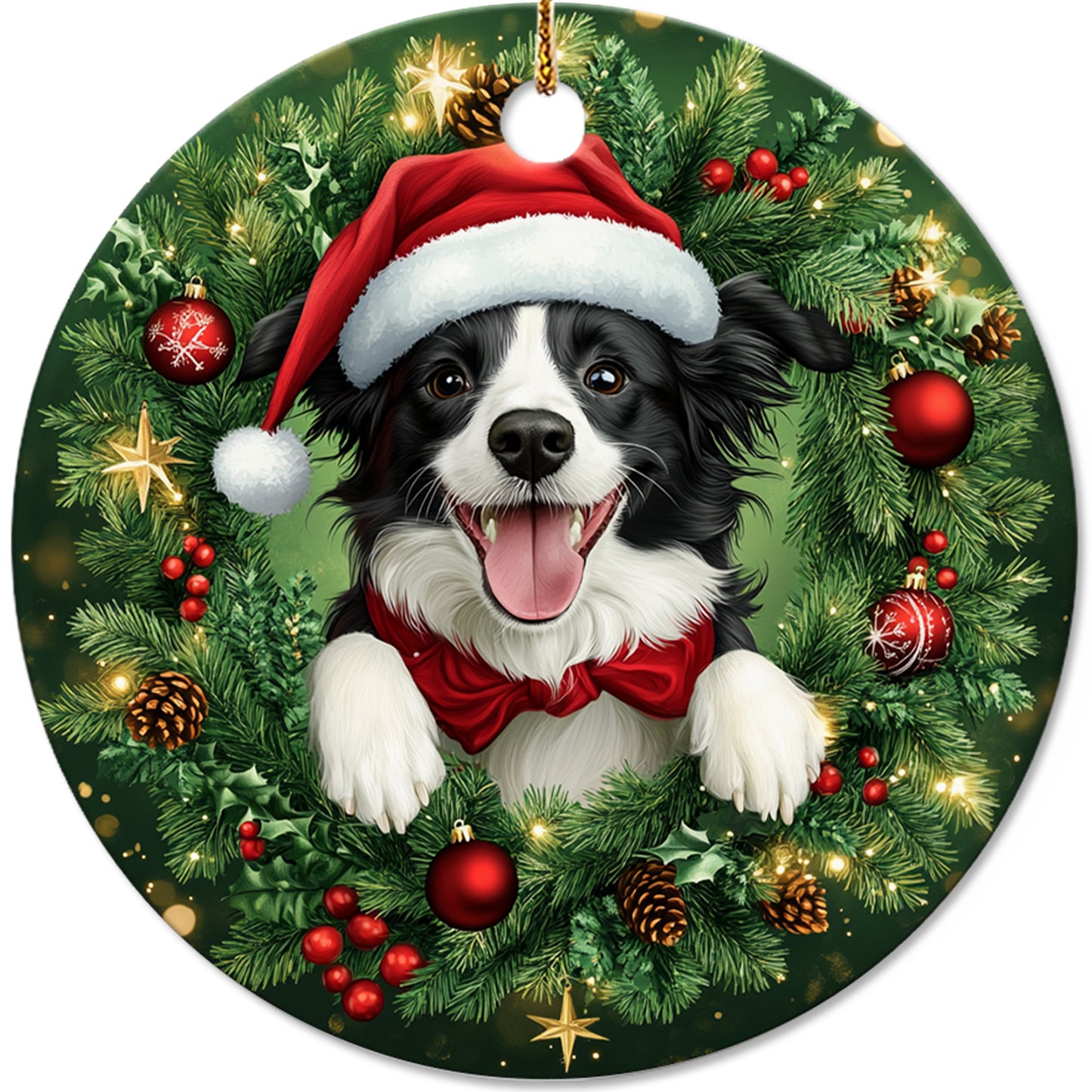 Netecom Cute Border Collie Christmas Ornament, Dog Santa Hat Ceramic Ornament for Xmas Tree Hanging Decorations Gift, Puppy Lover Gifts, Home Decor, Holiday Party Present