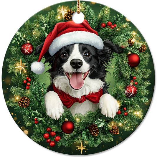 Netecom Cute Border Collie Christmas Ornament, Dog Santa Hat Ceramic Ornament for Xmas Tree Hanging Decorations Gift, Puppy Lover Gifts, Home Decor, Holiday Party Present