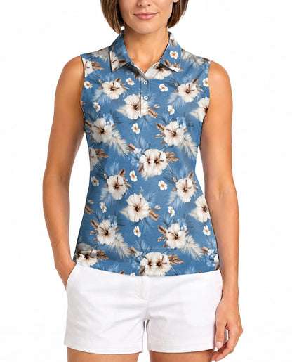 Hibiscus Flowers Sleeveless Polo Shirt for Women | Netecom