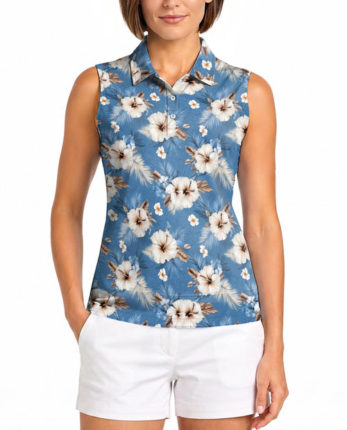 Hibiscus Flowers Sleeveless Polo Shirt for Women | Netecom