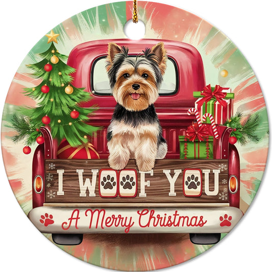 Netecom Funny Yorkshire Terrier in Red Truck Ornament, I Woof You Merry Christmas Ceramic Ornament for Christmas Tree Hanging Decorations Gift, Dog Lover Gifts, Holiday Celebration Present