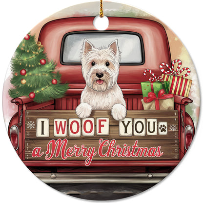 Netecom Cute Westie Puppy in Holiday Truck Ornament, I Woof You a Merry Christmas Ceramic Ornament for Christmas Tree Hanging Decorations Gift, Pet Lover Gifts, Holiday Decor Present
