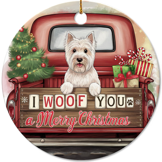 Netecom Cute Westie Puppy in Holiday Truck Ornament, I Woof You a Merry Christmas Ceramic Ornament for Christmas Tree Hanging Decorations Gift, Pet Lover Gifts, Holiday Decor Present