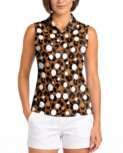 Leopard Polka Dot Print Sleeveless Polo Shirt for Women | Netecom