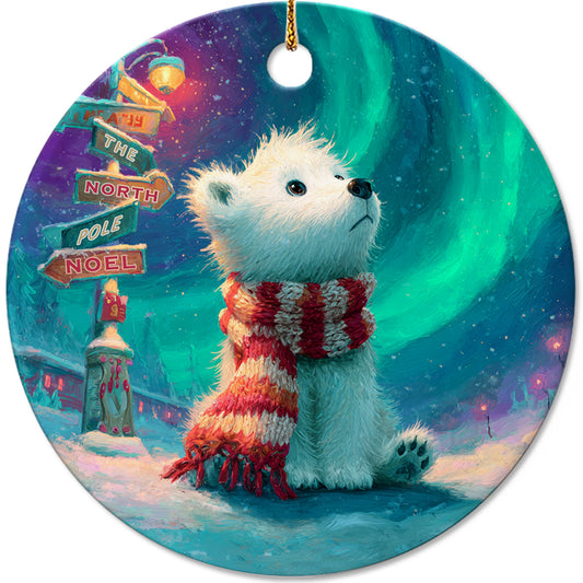 Netecom Vintage Polar Bear Ornament, Under Northern Lights Ceramic Ornament for Christmas Tree Hanging Decorations Gift, Bear Lover Gifts, Home Decor, Holiday Party Present