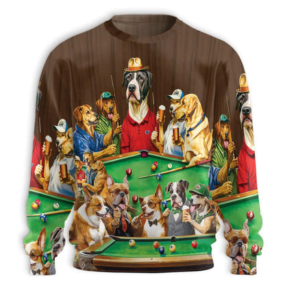 Vintage Billiard Dogs Playing Pool Sweatshirt, 3D All Over Print Funny Pool Crewneck Pullover for Men Women, Billiards Lover Gift - Netecom