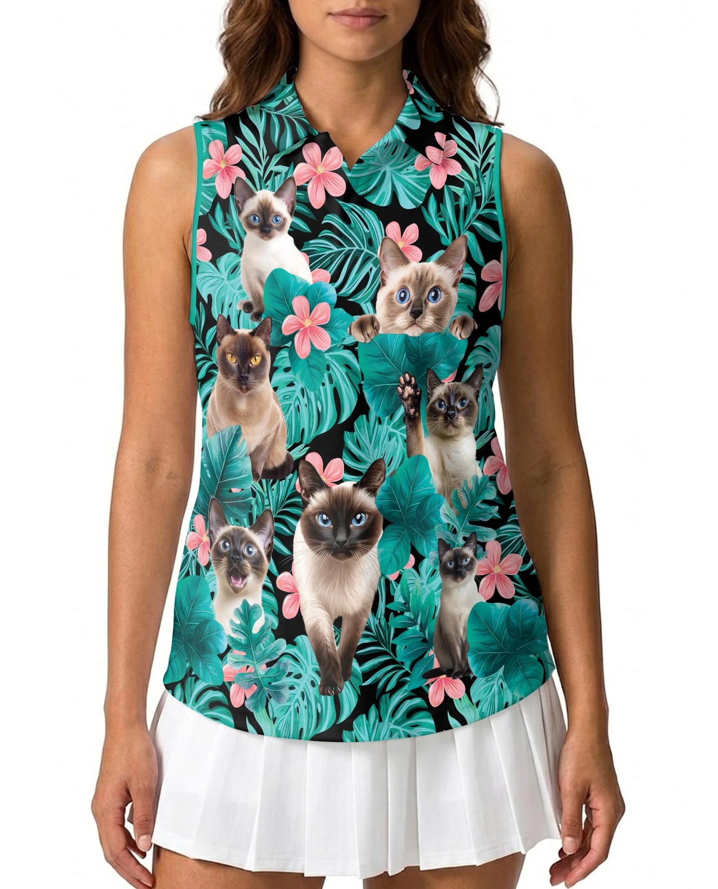 Siamese Cat Tropical Flowers Sleeveless Polo Shirt for Women | Netecom