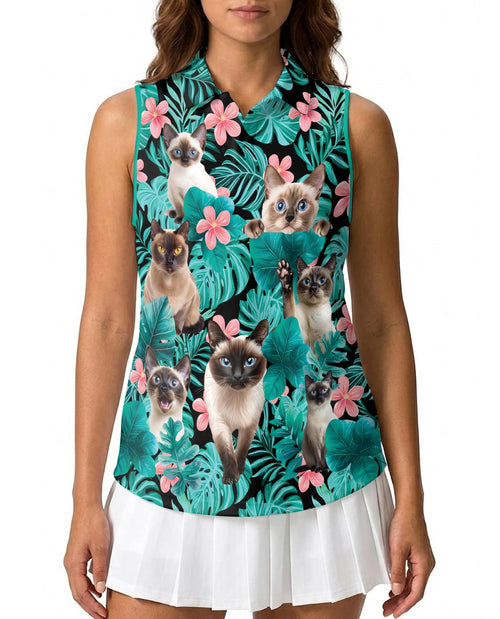 Siamese Cat Tropical Flowers Sleeveless Polo Shirt for Women | Netecom