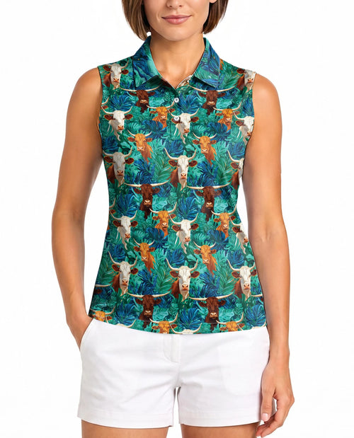 Cow and Tropical Leaves Pattern Sleeveless Polo Shirt for Women | Netecom