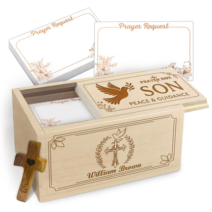 Netecom Personalized Prayer Box for Son with Custom Name on Box & Cross, Christian Gift with 100 Prayer Request Cards, Faith Keepsake for Son