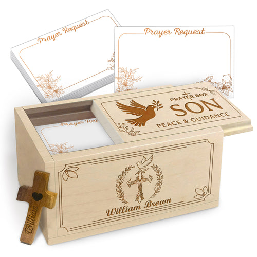 Netecom Personalized Prayer Box for Son with Custom Name on Box & Cross, Christian Gift with 100 Prayer Request Cards, Faith Keepsake for Son