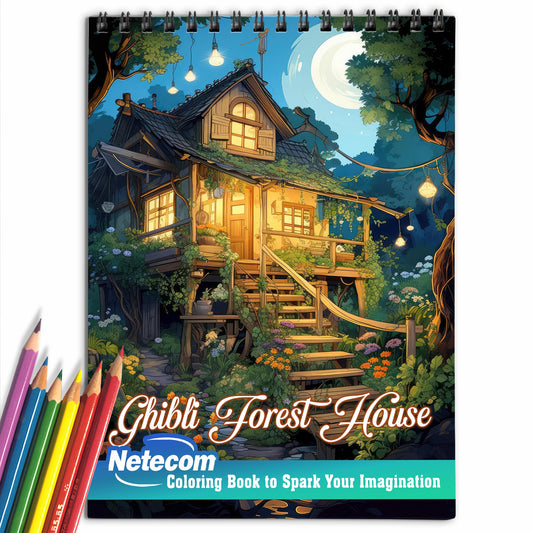 Ghibli Forest House Spiral Bound Coloring Book, Enjoy 30 Coloring Pages of Enchanting Ghibli Forest Houses for Studio Ghibli Fans