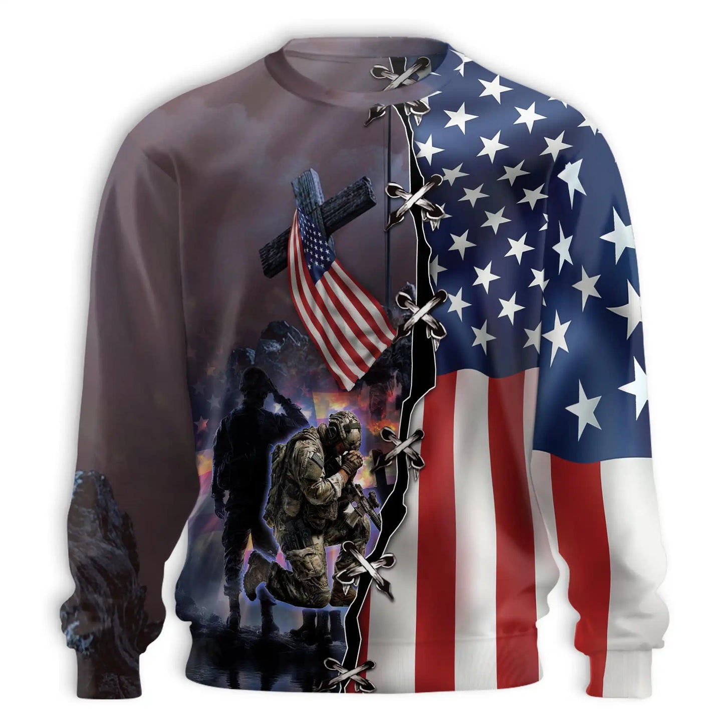 American Flag Kneeling Soldier and Cross Sweatshirt, 3D All Over Print Patriotic Military Crewneck Pullover for Men Women, Veteran Gift - Netecom