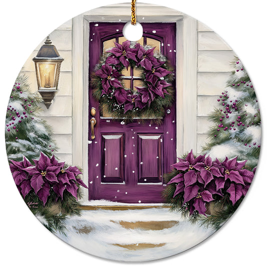 Netecom Purple Winter Door Christmas Ornaments, Ceramic Wreath Poinsettia Christmas Keepsake Ornament for XmasTree Decorations, Gifts for Holiday, Party, Home Decor
