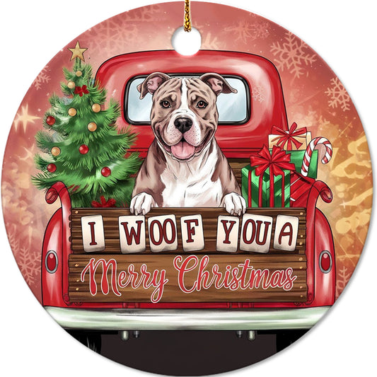 Netecom Funny Pitbull in Vintage Pickup Truck Ornament, I Woof You a Merry Christmas Ceramic Ornament for Christmas Tree Hanging Decorations Gift, Pet Lover Gifts, Holiday Party Present