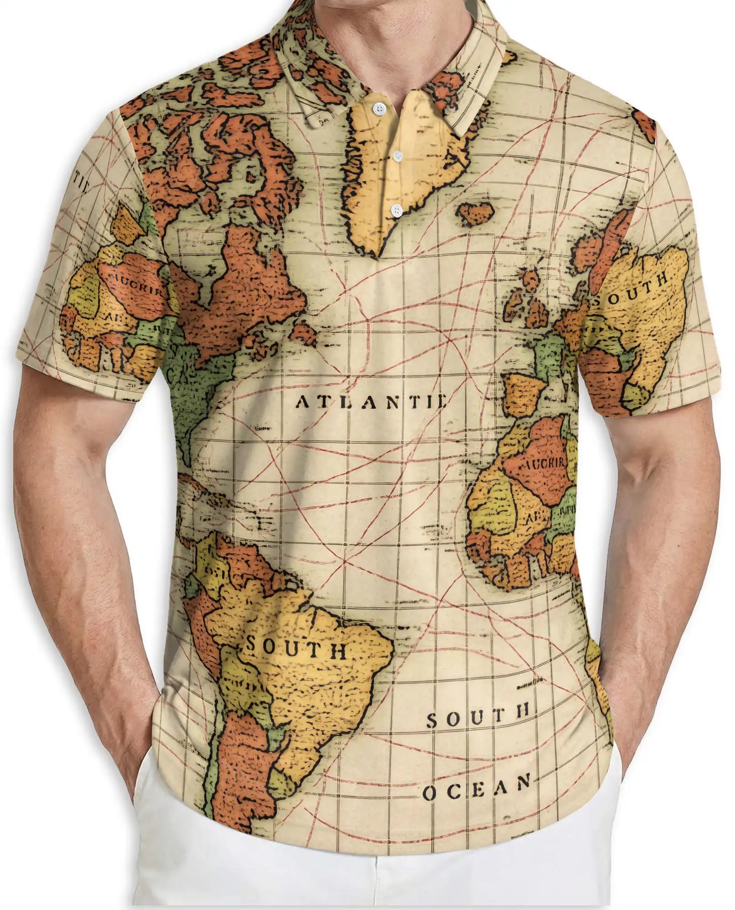 Vintage World Map Polo Shirt-Antique Nautical Atlas Print Travel Theme | Netecom