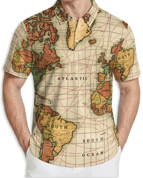 Vintage World Map Polo Shirt-Antique Nautical Atlas Print Travel Theme | Netecom