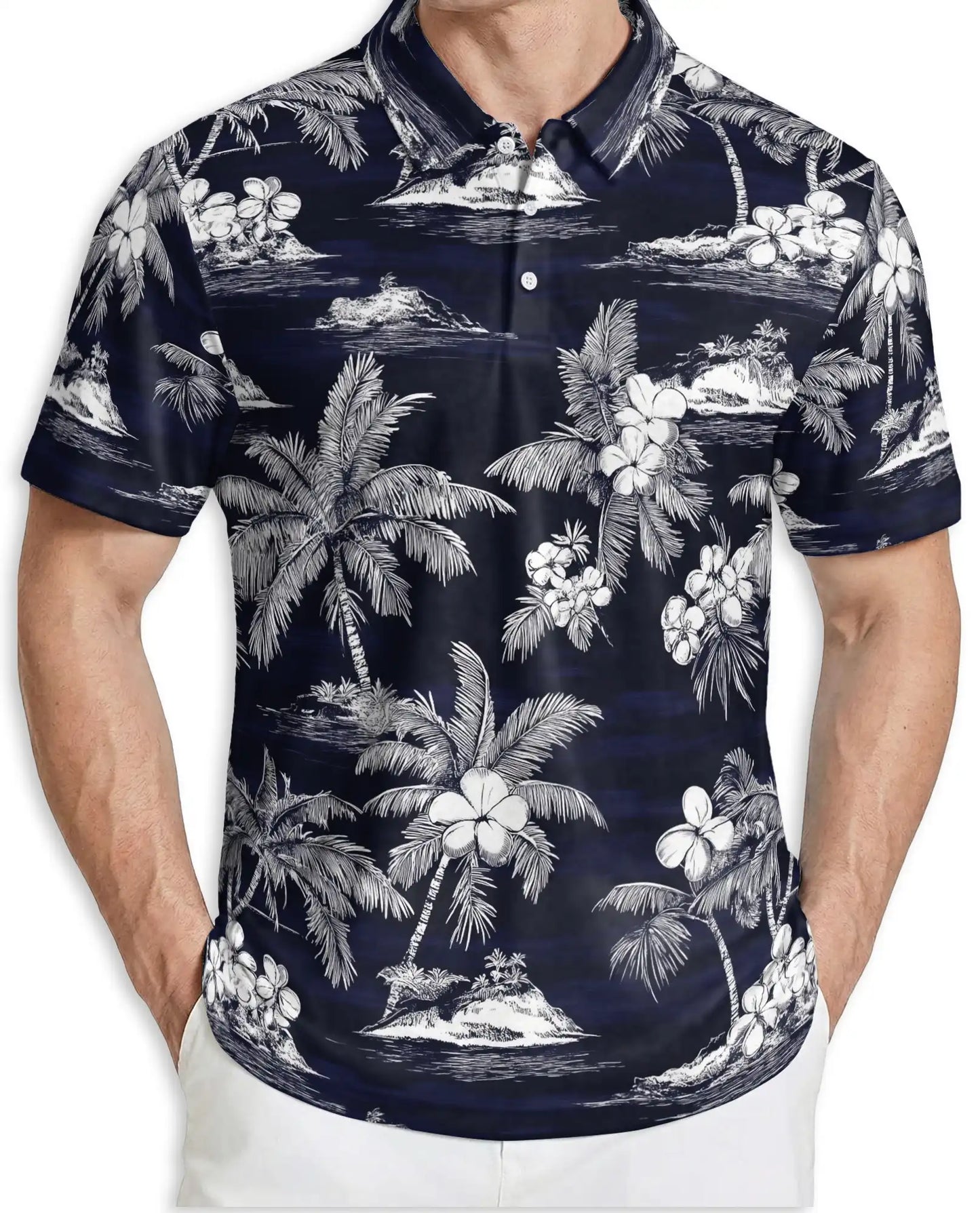 Tropical Island Polo Shirt – Monochrome Palm Print | Netecom