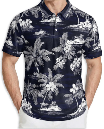 Tropical Island Polo Shirt – Monochrome Palm Print | Netecom