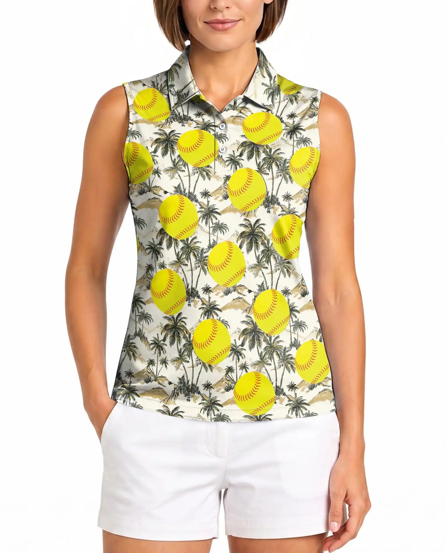 Tropical Palm Tree And Softball Sleeveless Polo Shirt for Women | Netecom