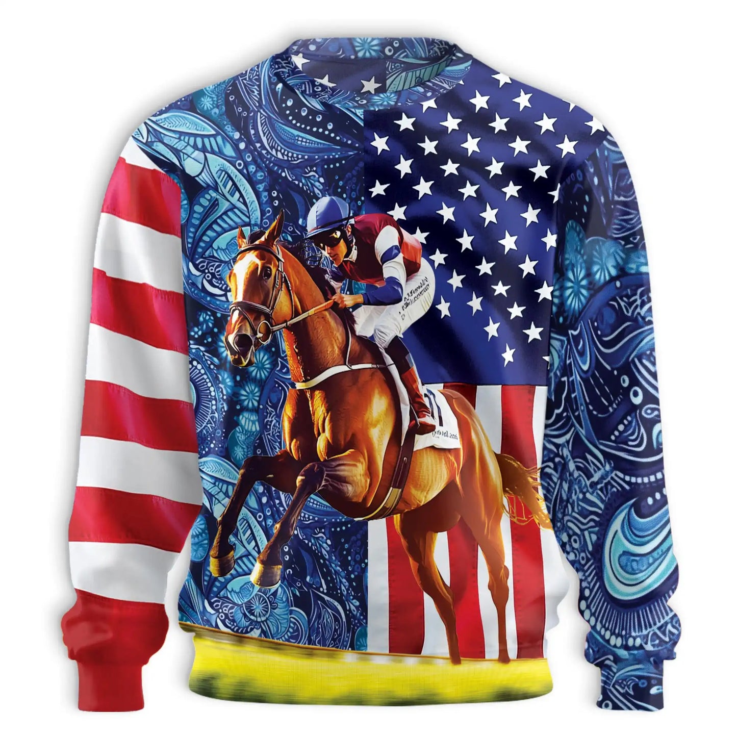 USA Flag Horse Racing Sweatshirt, 3D All Over Print Patriotic Equestrian Crewneck Pullover for Men Women, Horse Racing Lover Gift - Netecom
