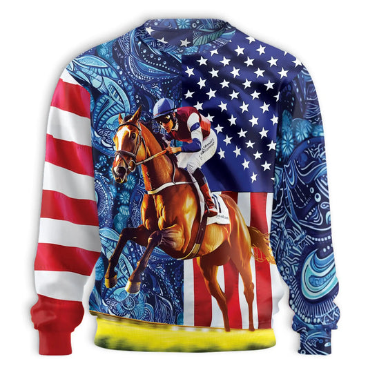USA Flag Horse Racing Sweatshirt, 3D All Over Print Patriotic Equestrian Crewneck Pullover for Men Women, Horse Racing Lover Gift - Netecom