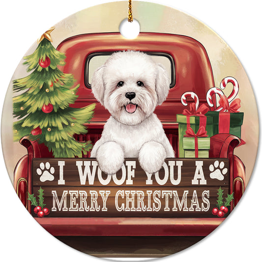 Netecom Adorable Bichon Frise Dog in Vintage Truck Ornament, I Woof You Merry Christmas Ceramic Ornament for Christmas Tree Hanging Decorations Gift, Pet Lover Gift, Xmas Decoration Present