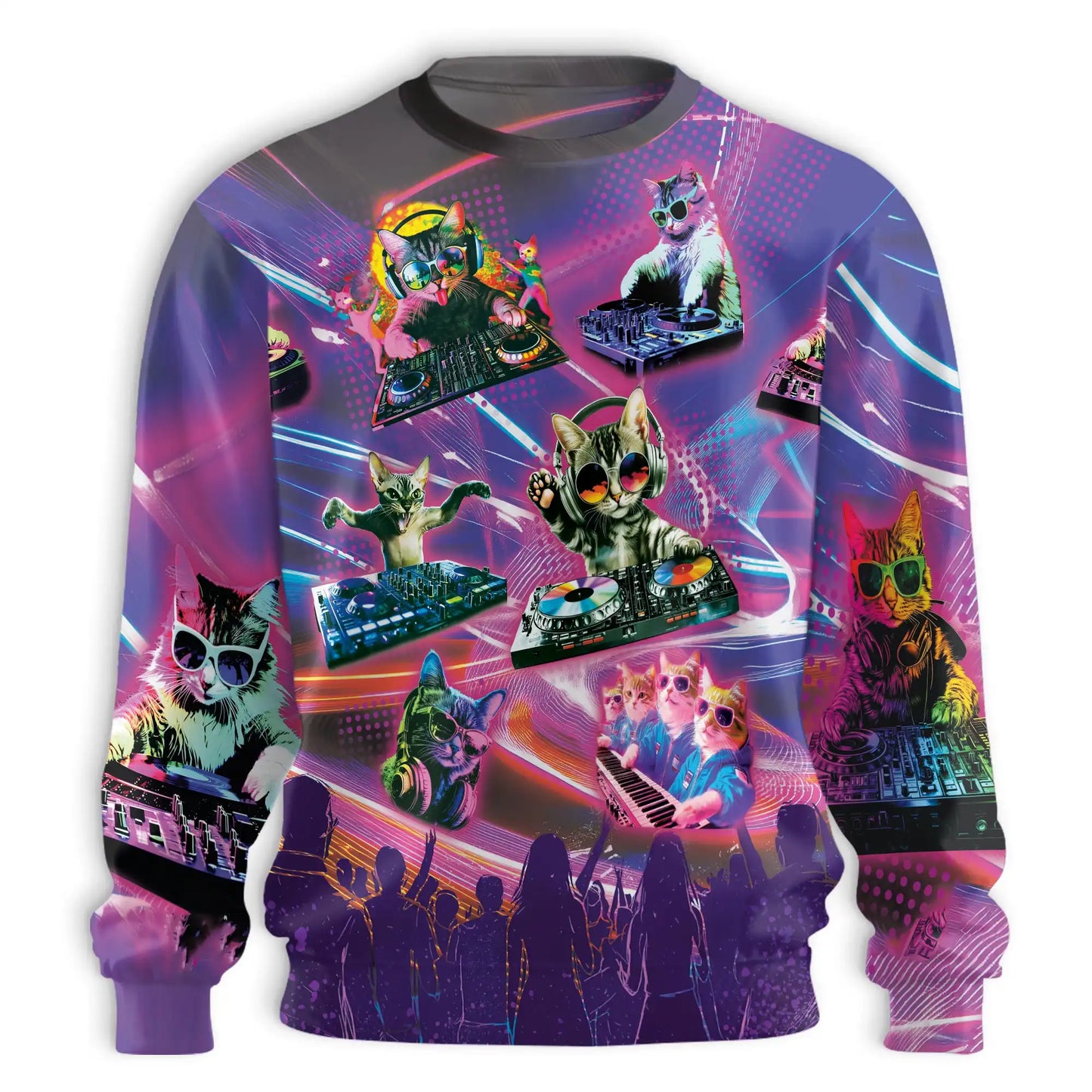 DJ Cat Cool Neon Sweatshirt, 3D All Over Print Funny Music Cat Crewneck Pullover for Men Women, DJ Cat Lover Gift - Netecom