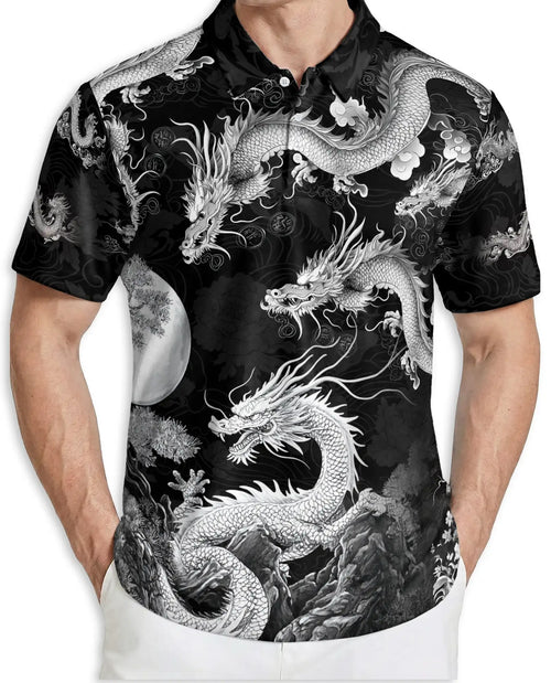 Black White Asian Dragon 3D Polo Shirt for Men – Monochrome Fantasy Style | Netecom