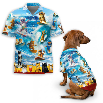 Netecom Matching Cat Surfing Hawaiian Shirt for Dog and Owner, Aloha Summer Shirt, Surf Cat Print Button Down Outfit for Pet and Human, Beach Vacation Casual Wear