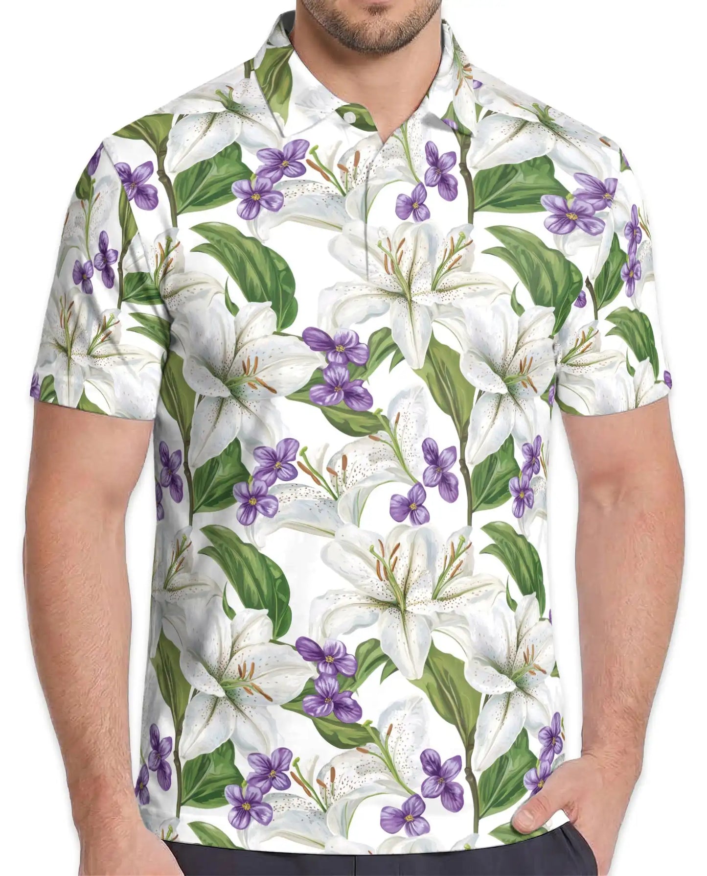 White Lily Polo Shirt for Men – Elegant Floral Style | Netecom