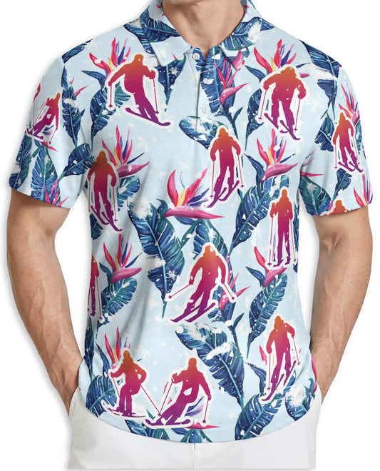 Tropical Skiing 3D Polo Shirt for Men – Floral Winter Sports Style | Netecom