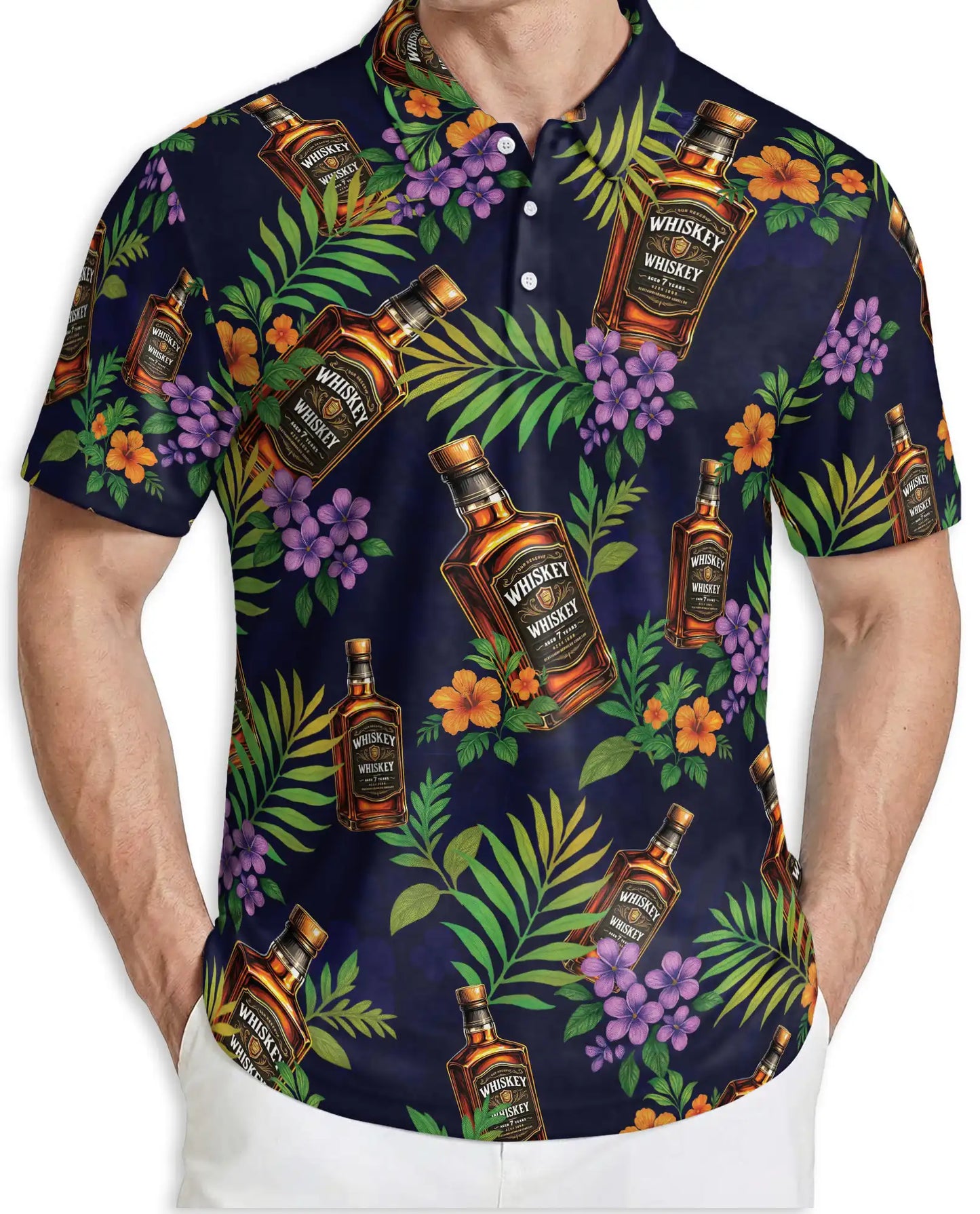Whiskey Tropical Hawaiian Polo Shirt-Bourbon Floral Island Design | Netecom