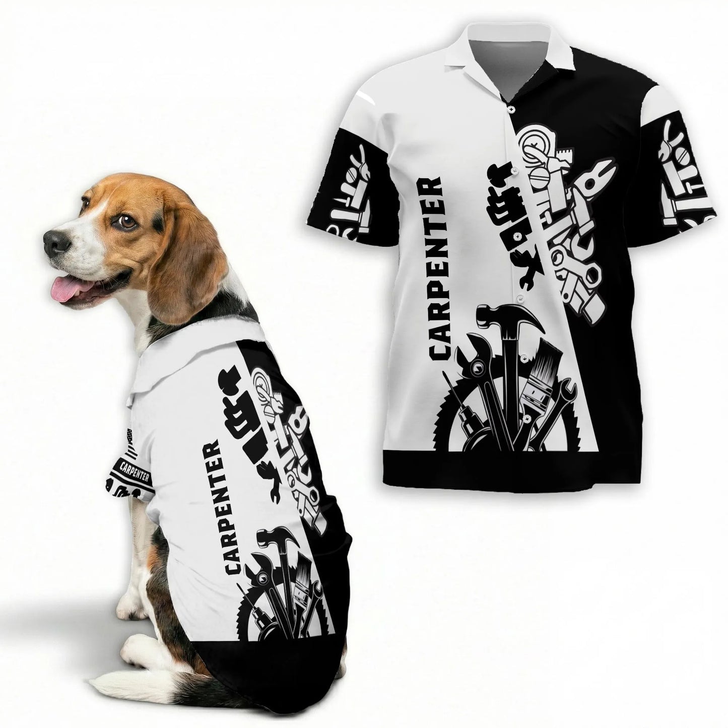 Carpenter Black White 3D Tools Hawaii Dog and Owner Matching Button Shirts