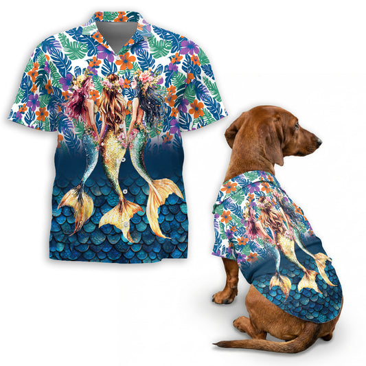 Netecom Matching Mermaid Aloha Hawaiian Shirt for Dog and Owner, Ocean Theme Summer Button Down Shirt, Cute Pet and Human Matching Look, Relaxed Beach Vacation Casual Wear