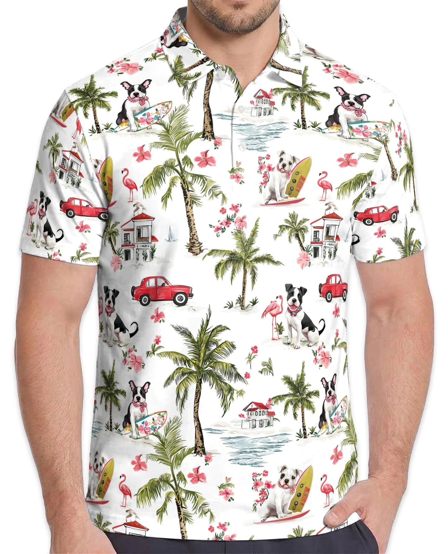 Dog Surfing Beach Polo Shirt for Men – Tropical Palm Tree Style | Netecom