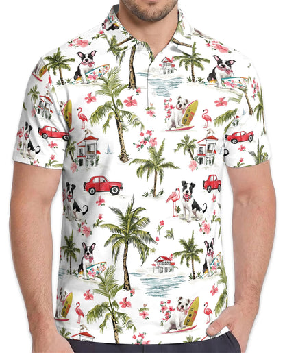 Dog Surfing Beach Polo Shirt for Men – Tropical Palm Tree Style | Netecom
