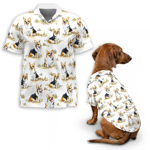 Netecom Matching Smiling Corgi Aloha Hawaiian Shirt for Dog and Owner, Happy Dog Print Summer Button Down Shirt, Fun Beach Vacation Casual Wear for Pet and Human