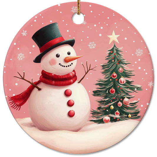 Netecom Elegant Pink Snowman in Snow Christmas Ornament, Ceramic Winter Scene Keepsake Ornament for Xmas Tree Decorations, Gifts for Holiday, Party, Home Decor