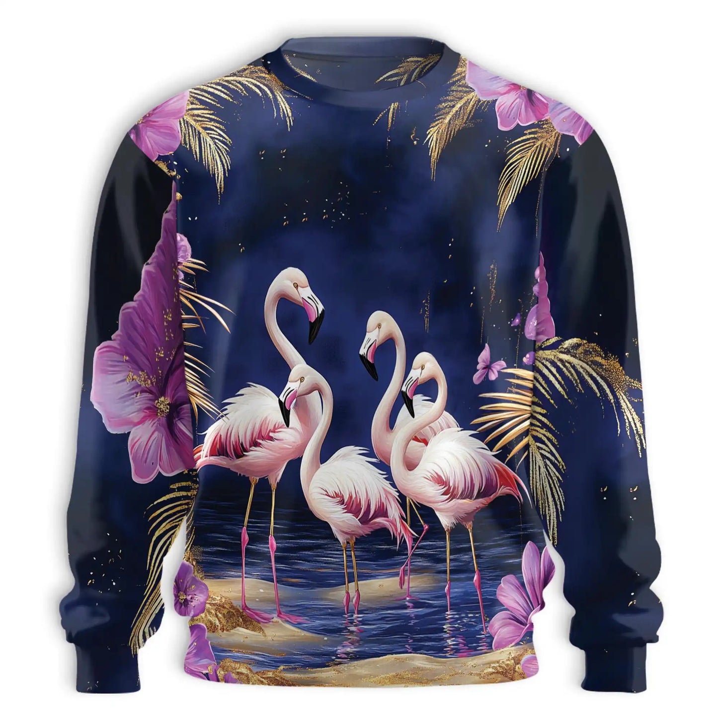 Flamingo Night Sweatshirt, 3D All Over Print Tropical Bird Moonlight Crewneck Pullover for Men Women, Flamingo Lover Gift - Netecom