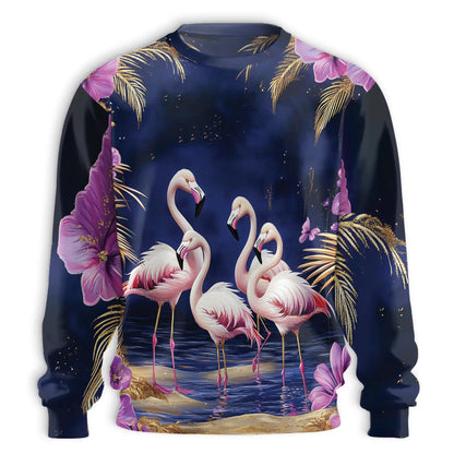 Flamingo Night Sweatshirt, 3D All Over Print Tropical Bird Moonlight Crewneck Pullover for Men Women, Flamingo Lover Gift - Netecom