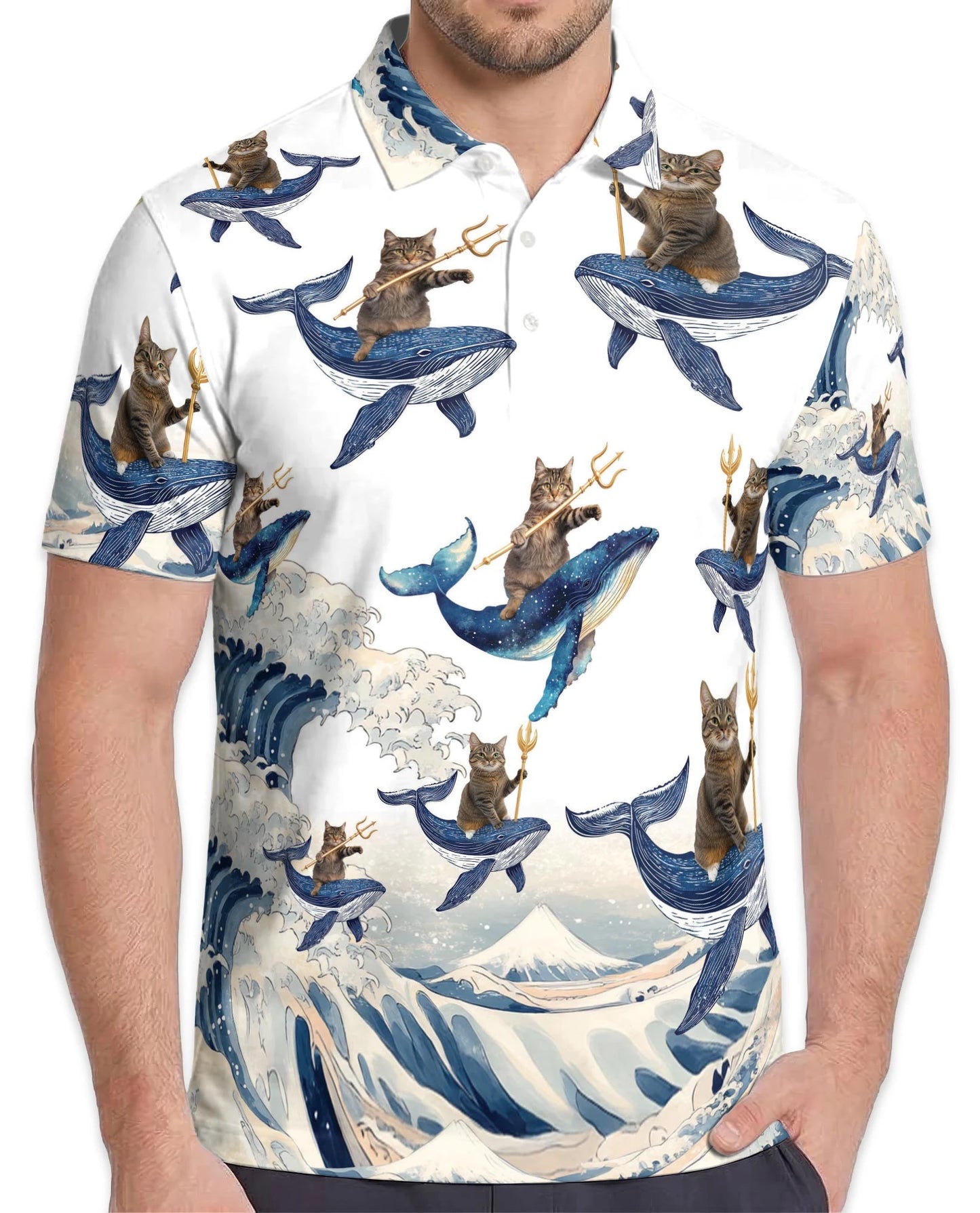 Cat Riding Whale Polo Shirt for Men – Funny Ocean Animal Style | Netecom
