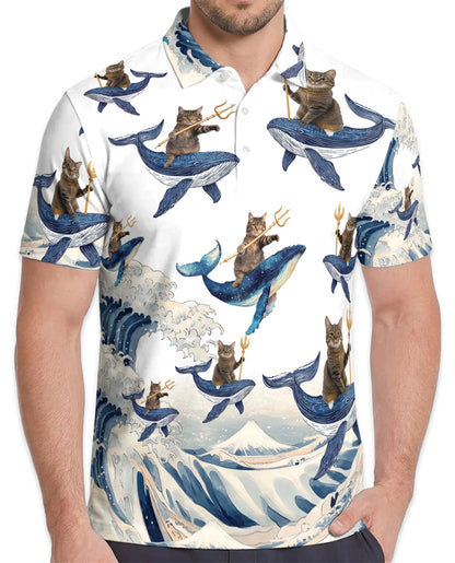Cat Riding Whale Polo Shirt for Men – Funny Ocean Animal Style | Netecom