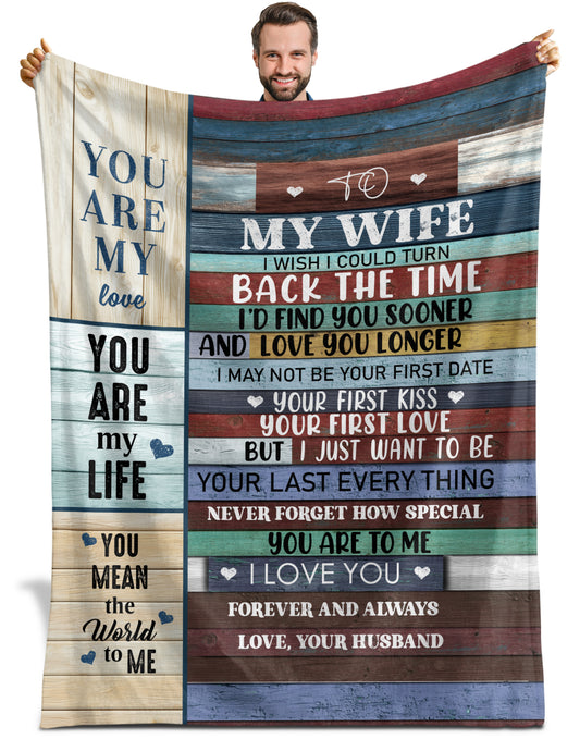 Netecom Personalized To My Wife Blanket from Husband, Rustic Wood Style Love Letter Throw Blanket for Couch, Bed or Sofa, Romantic Wedding Anniversary or Valentine’s Day Gift for Wife