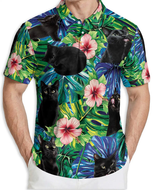 Black Cat Tropical Hibiscus 3D Polo Shirt for Men – Hawaiian Pet Lover Style | Netecom