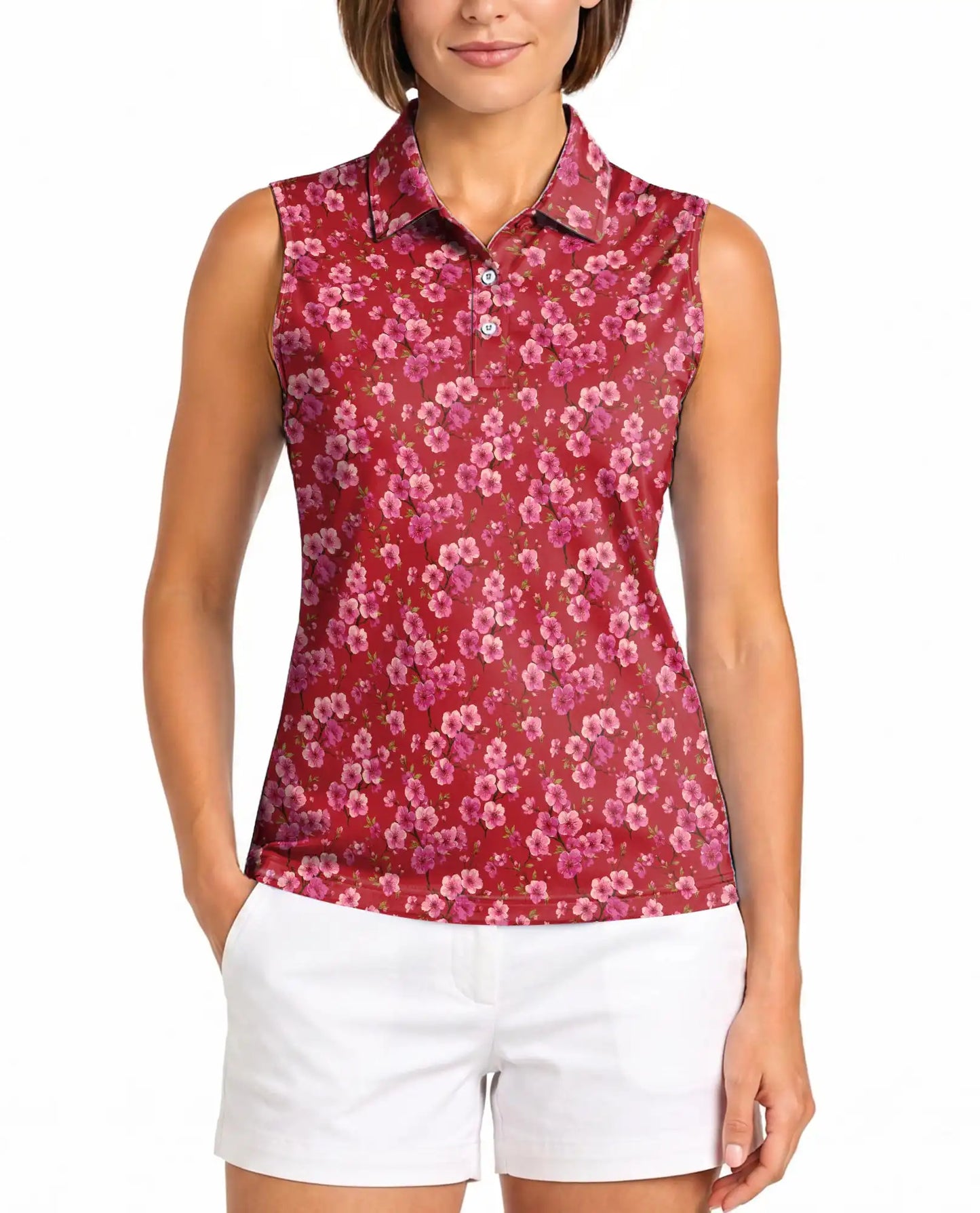 Red Cherry Blossom Sleeveless Polo Shirt for Women  | Netecom
