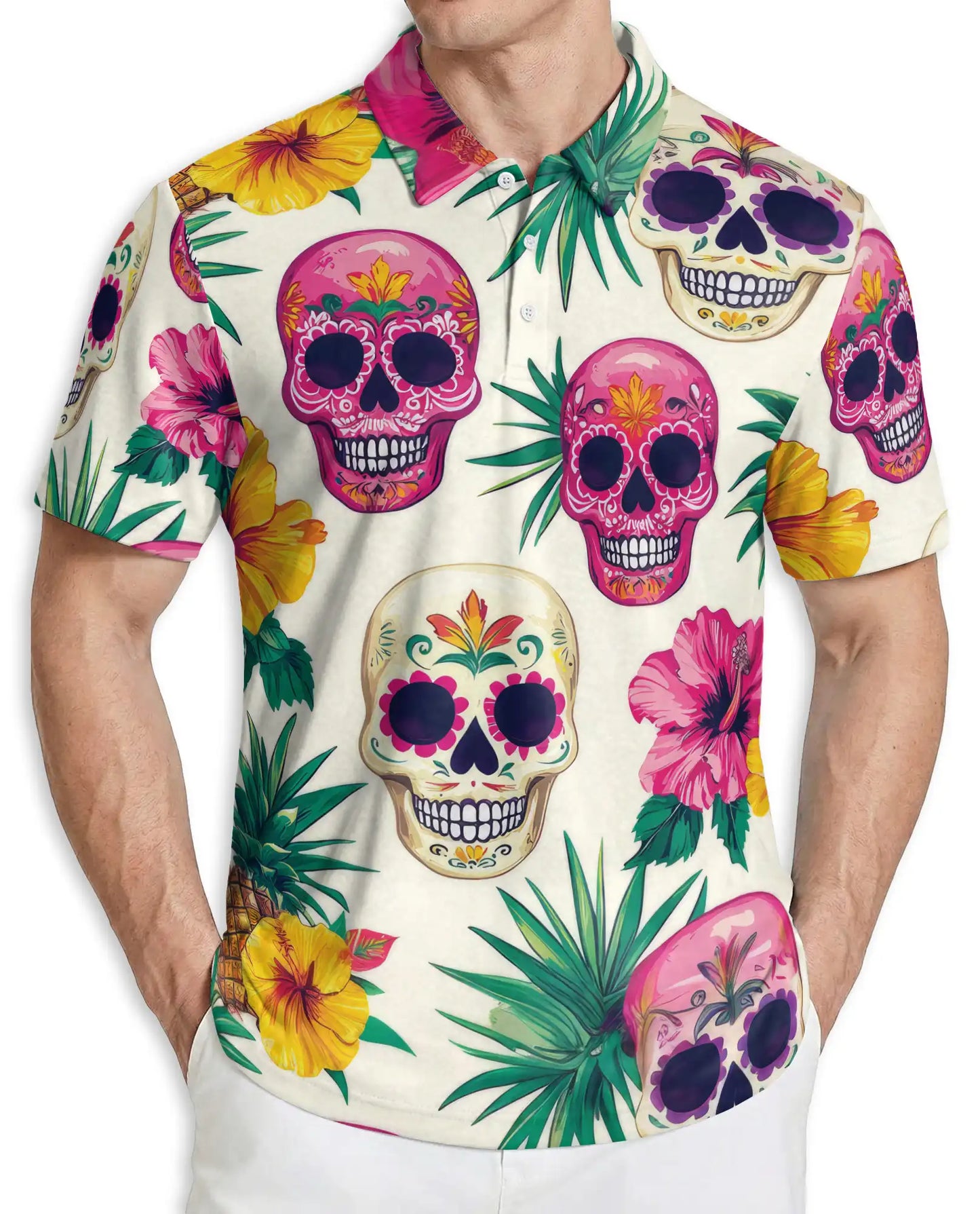 Sugar Skull Polo Shirt – Tropical Floral Print | Netecom